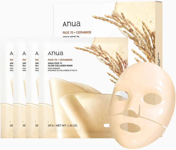 Anua Rice 70 Glow Collagen Mask – Radiant Clarity from Pure Rice Essence | 38 g × 4pcs